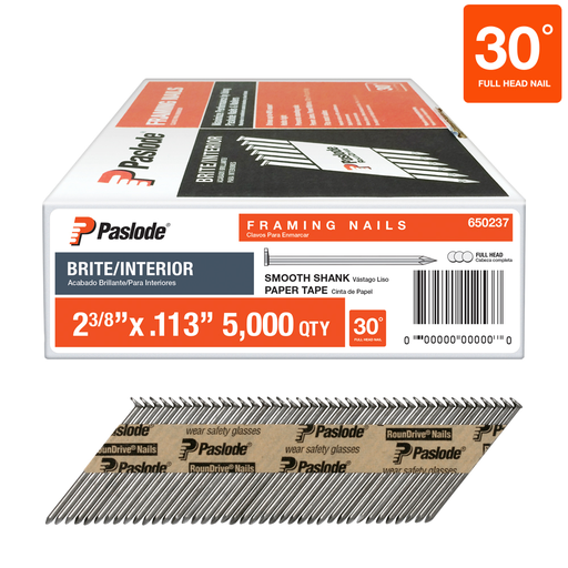 2-3/8" x .113 BRITE SMOOTH SHANK 30 DEGREE PAPER TAPE ROUNDRIVE FRAMING NAILS 5000CT