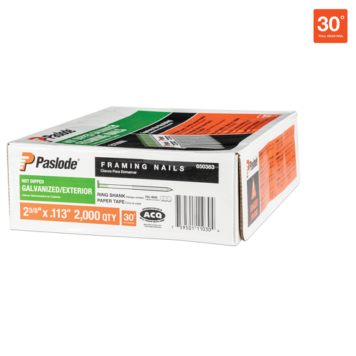 2-3/8" x .113 HOT DIPPED GALVANIZED RING SHANK 30 DEGREE PAPER TAPE COLLATED ROUNDRIVE FRAMING NAILS 2000CT