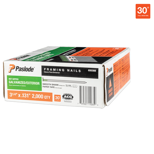 3-1/4" x .131 HOT DIPPED GALVANIZED SMOOTH SHANK 30 DEGREE PAPER TAPE COLLATED ROUNDRIVE FRAMING NAILS 2000CT