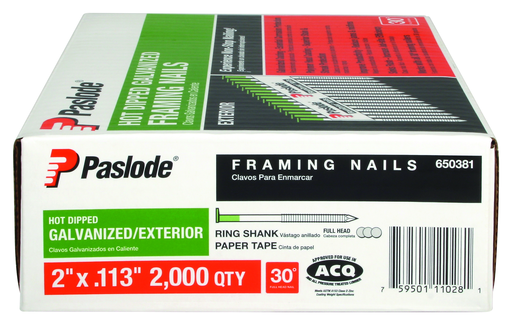 2" x .113 HOT DIPPED GALVANIZED RING SHANK 30 DEGREE PAPER TAPE COLLATED ROUNDRIVE FRAMING NAILS 2000CT