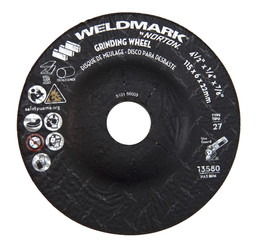 Weldmark by Norton® Grinding Wheel Type 27 Aluminum Oxide 4.5in x 0.25in x 7/8 (25 ea/box)