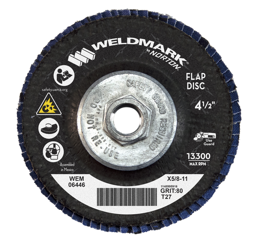 Weldmark by Norton®Flap Disc Type 27 High Density Zirconia 80 grit Medium Sanding Grade Smooth finish 4.5 x 5/8