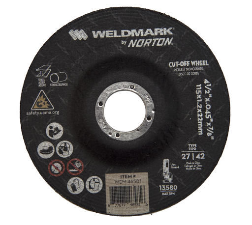 Weldmark by Norton® A AO Right Angle Cut-Off Wheel Type 27/42 Aluminum Oxide 4.5in x 0.045in x 7/8 Arbor Hole (25 ea/box)