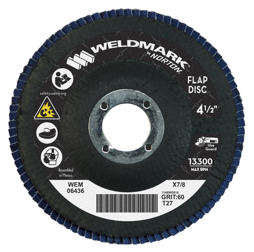 Weldmark by Norton®Flap Disc Type 27 High Density Zirconia 60 grit Medium Sanding Grade Smooth finish 4.5 x 7/8