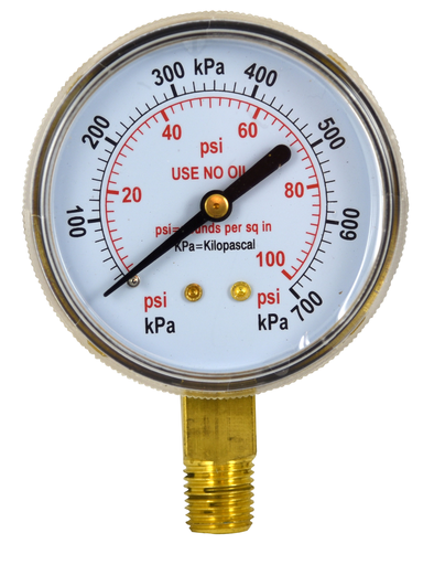 Weldmark pressure gauge, 2.5in X 100 psi 0.25in 18 NPT