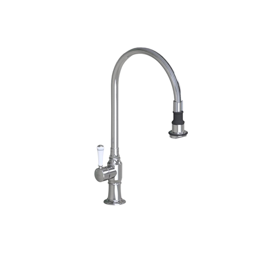 Pull-Off Spray Deck Mount Single Hole with 10" Swivel Spout with Left White Ceramic Contemporary Lever, Polished Stainless (PSS)