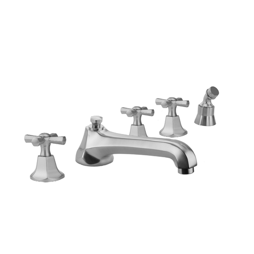 Astor Roman Tub Set with Low Spout and Hex Cross Handles and Angled Handshower Mount, Polished Brass (PB)