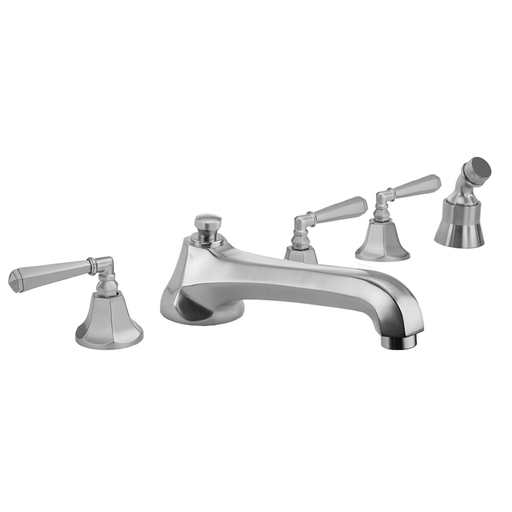 Astor Roman Tub Set with Low Spout and Hex Lever Handles and Angled Handshower Mount, Satin Chrome (SC)
