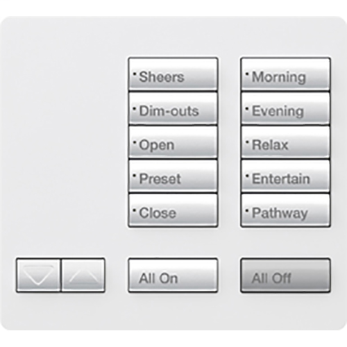 Lutron Electronics RR-T10RL-SW 300 mA 9 VDC 0.6 W 10-Button Snow Raise/Lower Wireless Designer Keypad Lutron Electronics RR-T10RL-SW 300 mA 9 VDC 0.6 W 10-Button Snow Raise/Lower Wireless Designer Keypad