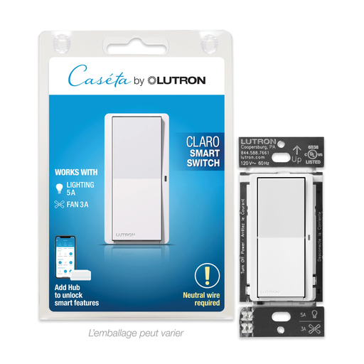 Product image for Lutron DVRF-5NS-WH Claro Smart Paddle Switch, Single-Pole / 3-Way, White