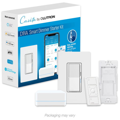 Product image for Lutron DVRF-BDG-1D Diva Smart Dimmer Starter Kit, w/ Smart Hub, Pico Remote, Faceplate & Mount