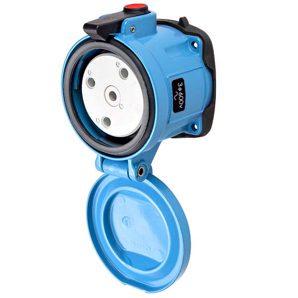 Product image for Meltric 37-64143-375 DS60 Receptacle, Metal, Aluminum, Blue, Size 4, Type 4X & IP69, 3P+G, 60A, 600 VAC, 60 Hz, Mushroom pawl