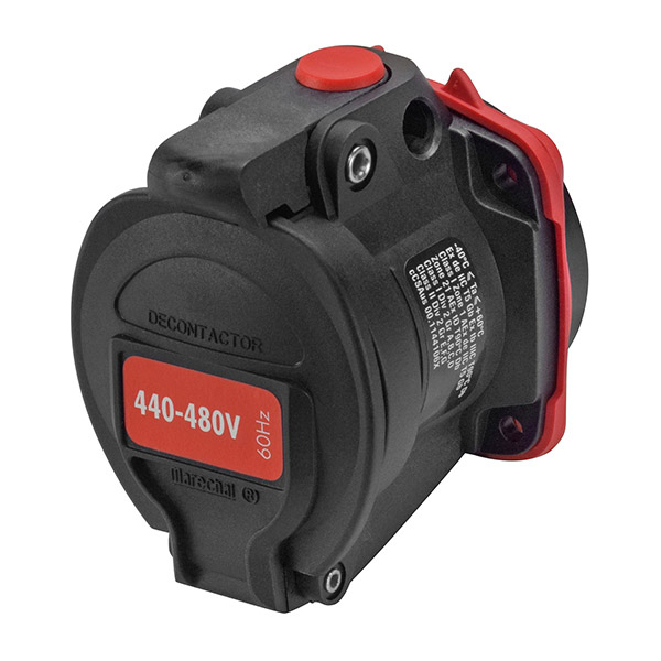 Product image for Meltric 22-14043-843 DXN20 Receptacle, Poly, Black, Size 1, IP66/IP67, 3P+G, 20A, 480 VAC, 60 Hz, Padlock pawl