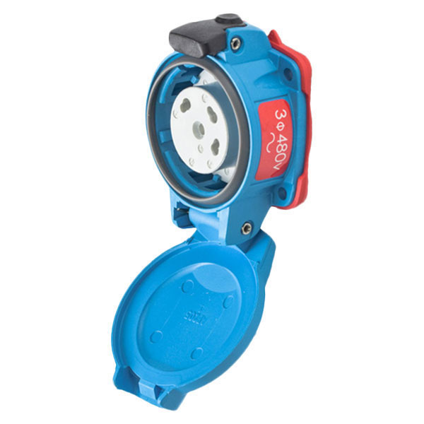 Product image for Meltric 01-N4043-001 PN20 Inlet, Poly, Blue, Size 1, Type 4X, 3P+G, 20A, 480 VAC, 60 Hz, Reverse interiors
