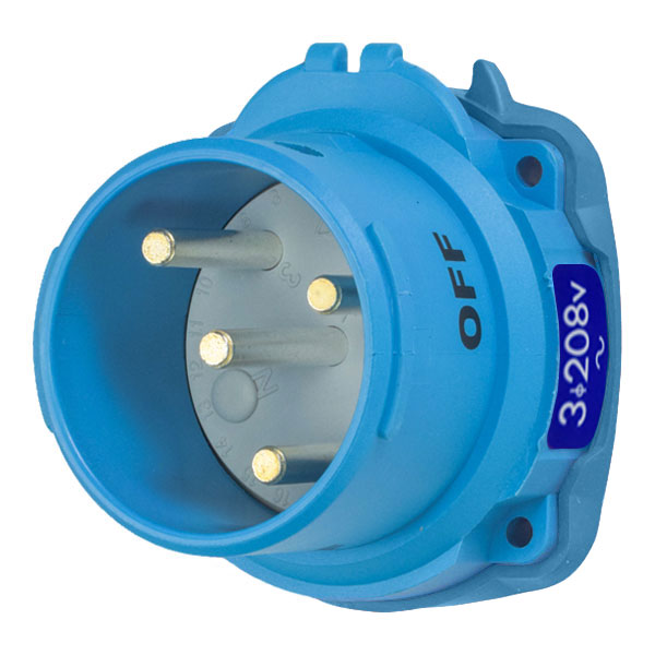 Product image for Meltric 63-68163 DSN60 Inlet, Poly, Blue, Size 3, Type 4X & IP69, 3P+G, 60A, 208 VAC, 60 Hz