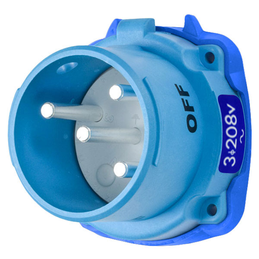 Product image for Meltric 31-18233-K16 DR30 Inlet, Poly, Blue, Size 2, Type 3R, 3P+G, 30A, 208 VAC, 60 Hz