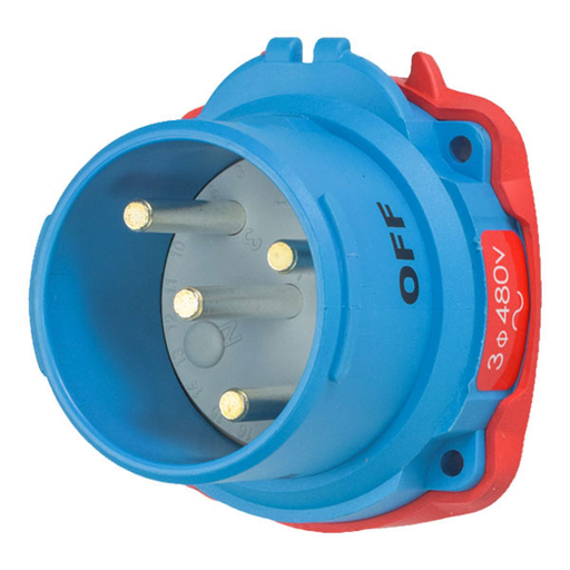 Product image for Meltric 63-38043-A155 DSN30 Inlet, Poly, Blue, Size 2, Type 4X & IP69, 3P+G, 30A, 480 VAC, 60 Hz, With no lockout hole