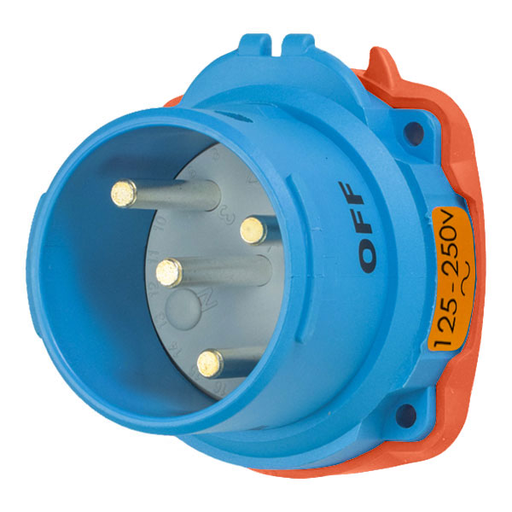 Product image for Meltric 63-68076 DSN60 Inlet, Poly, Blue, Size 3, Type 4X & IP69, 2P+N+G, 60A, 125/250 VAC, 60 Hz