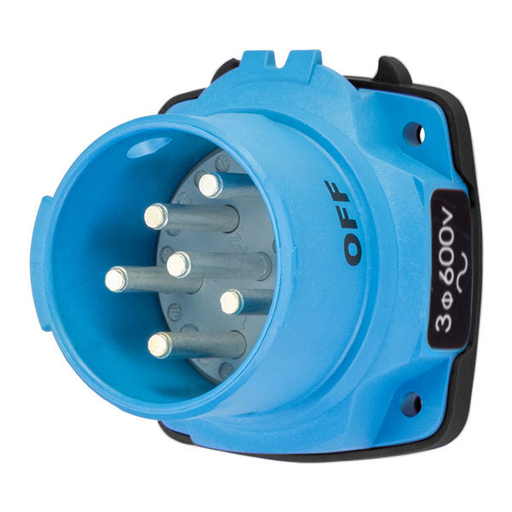 Product image for Meltric 63-38143-972 DSN30 Inlet, Poly, Blue, Size 2, Type 4X & IP69, 3P+G, 30A, 600 VAC, 60 Hz