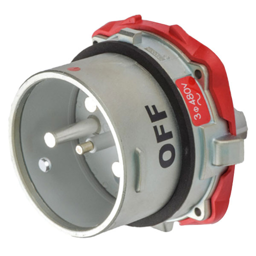 Product image for Meltric 69-98043-338 DSN150 Inlet, Metal, Zamak, Metal, Size 5, Type 4X, 3P+G, 150A, 480 VAC, 60 Hz, Self-ejecting plug release