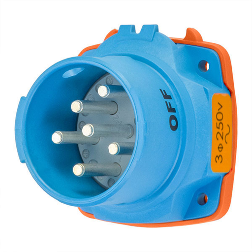 Product image for Meltric 63-38073-972 DSN30 Inlet, Poly, Blue, Size 2, Type 4X & IP69, 3P+G, 30A, 250 VAC, 60 Hz