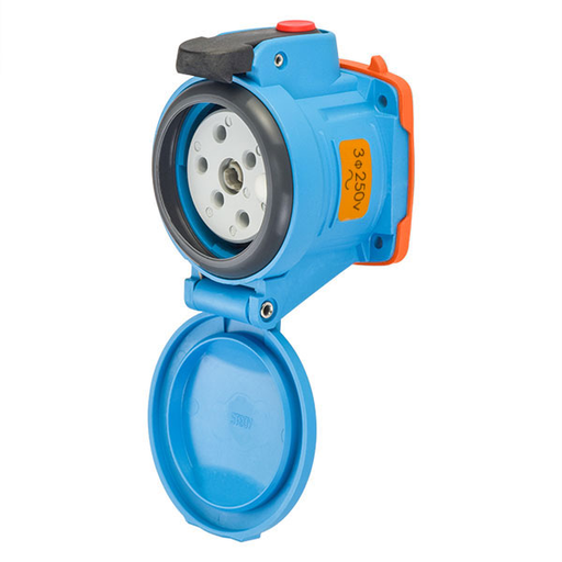 Product image for Meltric 63-34073-375-972 DSN30 Receptacle, Poly, Blue, Size 2, Type 4X & IP69, 3P+G, 30A, 250 VAC, 60 Hz, Mushroom pawl