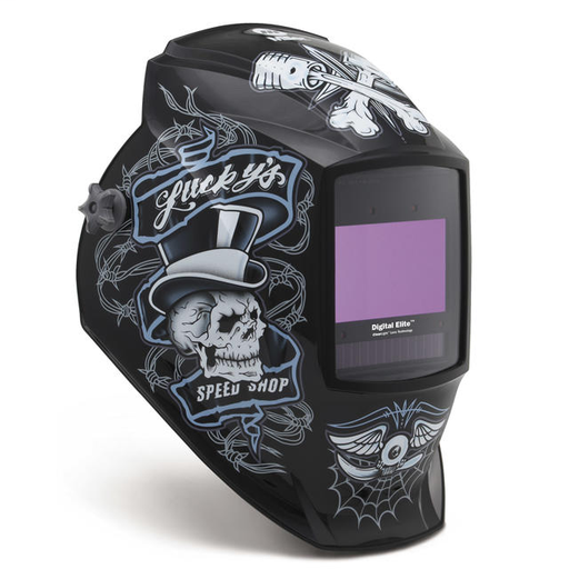Miller Digital Elite Lucky's Speed Shop Black/Blue/White Welding Helmet With Variable Shades 3, 5 - 13 ClearLight Lens Technology Auto Darkening Lens