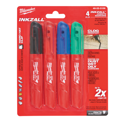Product image for Milwaukee 48-22-3109 Inkzall™ Color Assortment Chisel Point Markers (4 Pack)