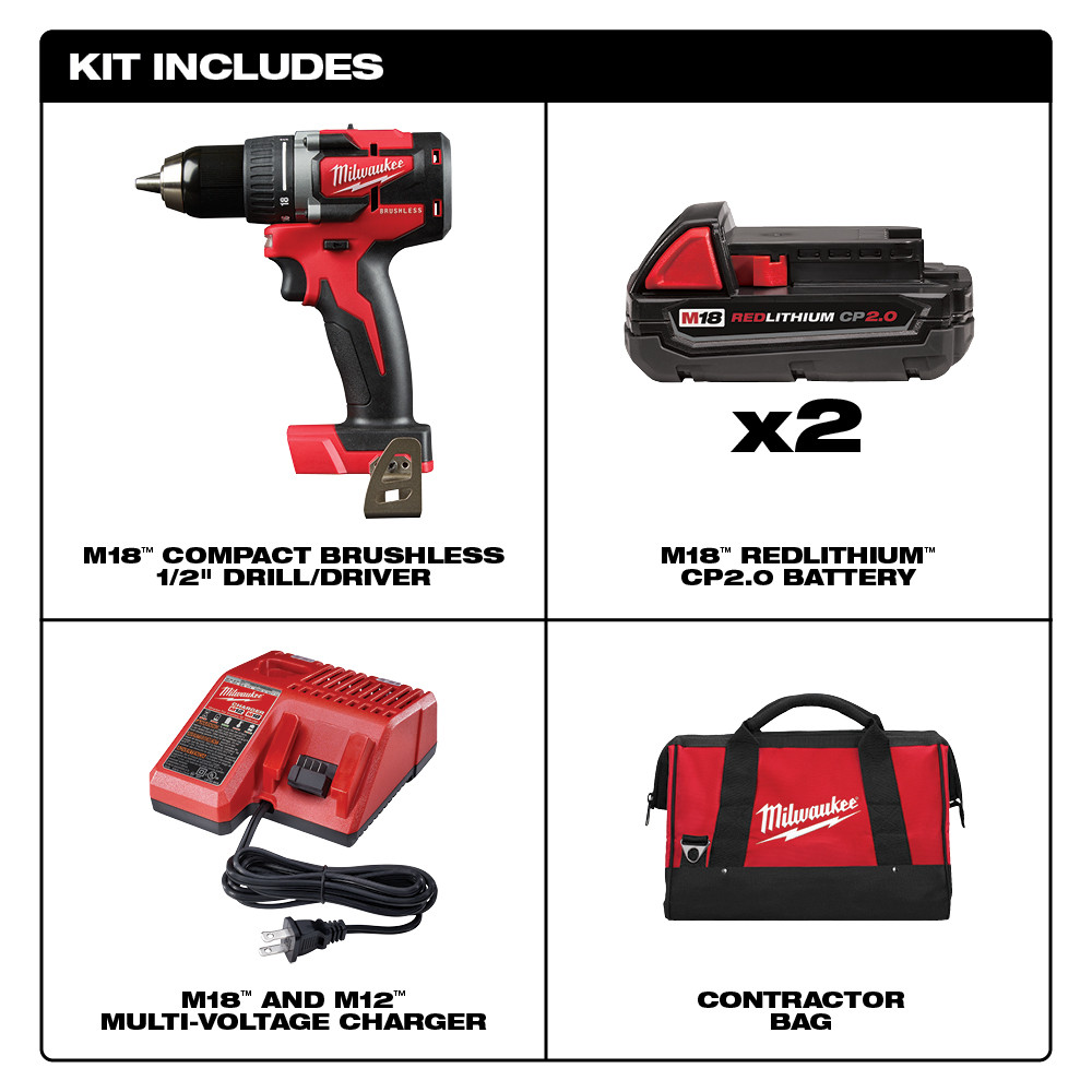M18™ 1/2 in. Compact Brushless Drill CP Kit - 495-2801-22CT - Industrial Supplies, Welding Equipment, Safety Equipment Supplies, PPE Supplies, Abrasives, Hand Tools, Hydraulics & Pneumatics, Janitorial Supplies, Power Tools, Metal Working