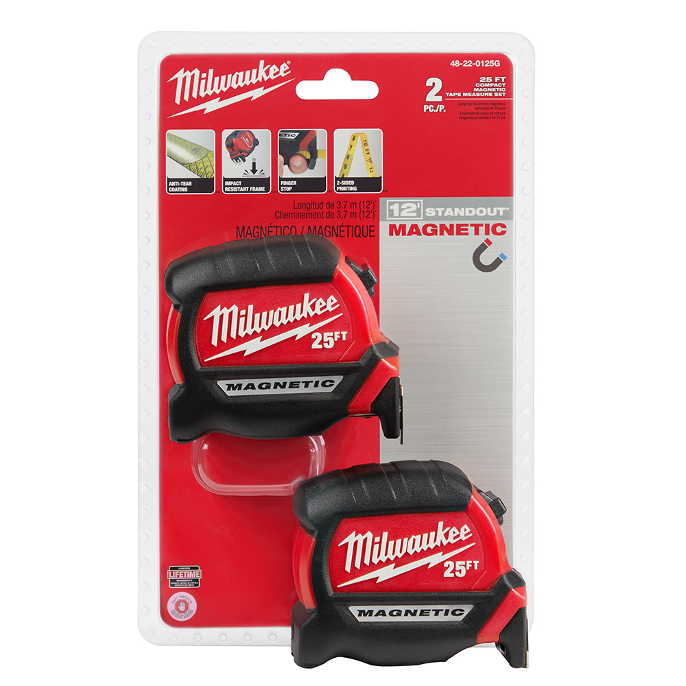 Product image for Milwaukee 48-22-0125G Compact Magnetic Tape Measure - 2pk