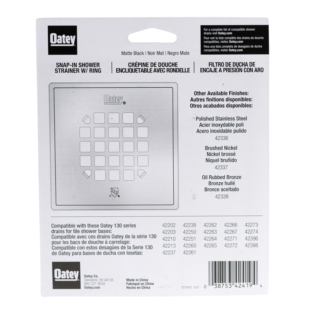 Oatey® Square Matte Black Snap-In Strainer with Ring