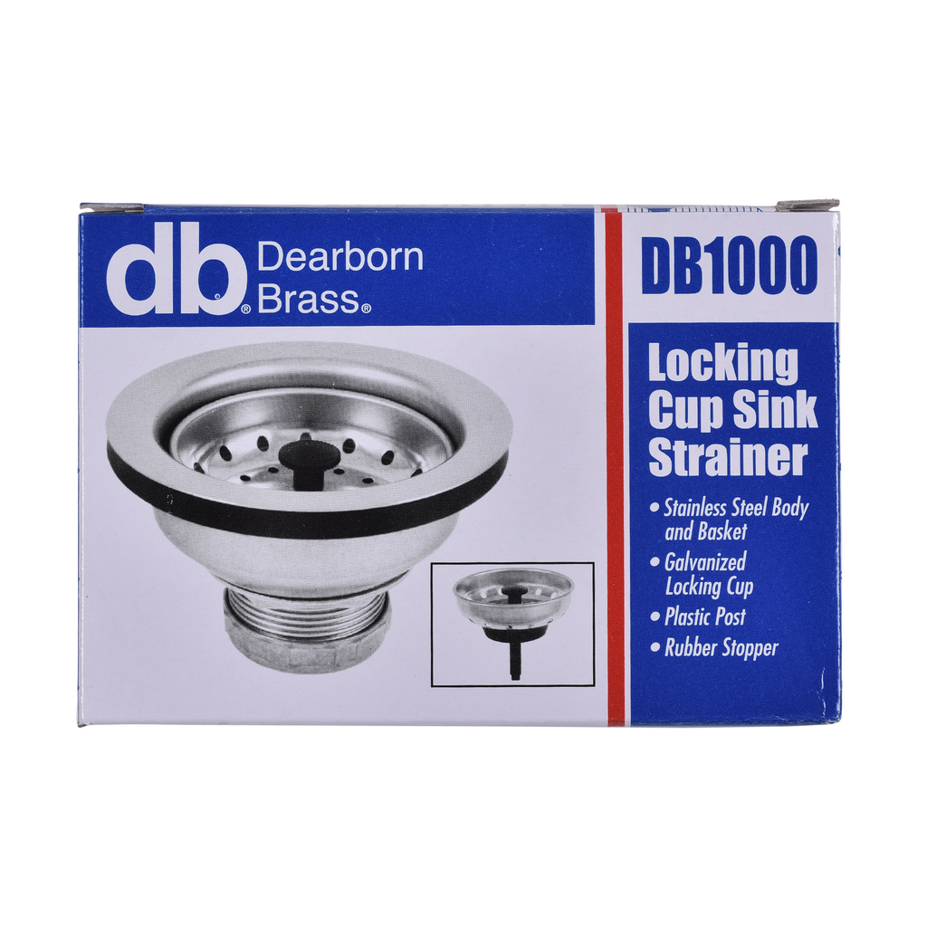 Dearborn® Locking Cup Sink Basket Strainer, Stainless Steel Body and Basket, Galvanized Steel Locking Cup, Plastic Post and Rubber Stopper.