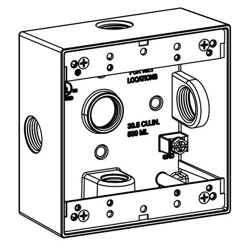 Product image for Orbit 2B50-5X 2-Gang Weatherproof Box, 2" Deep, (5) X-Configuration 1/2" Hubs - Gray