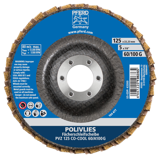 5'' POLIVLIES® CO-COOL Flap Disc 7/8'' Arbor Hole - 60 grit, Coarse Grade