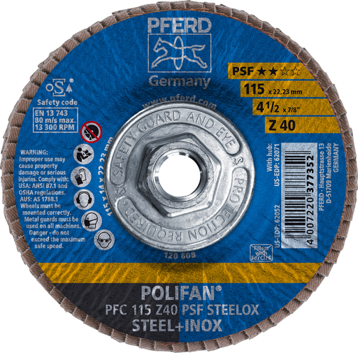 4-1/2" x 5/8-11 Thd. POLIFAN® Flap Disc, Z PSF STEELOX, Zirconia, 40 Grit, Conical
