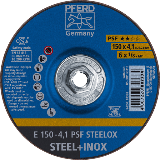 6" x 1/8 Grinding Wheel, 5/8-11 Thd. PSF STEELOX - Type 27