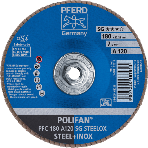 7" x 5/8-11 Thd. POLIFAN® Flap Disc, A SG STEELOX, Aluminum Oxide, 120 Grit, Conical