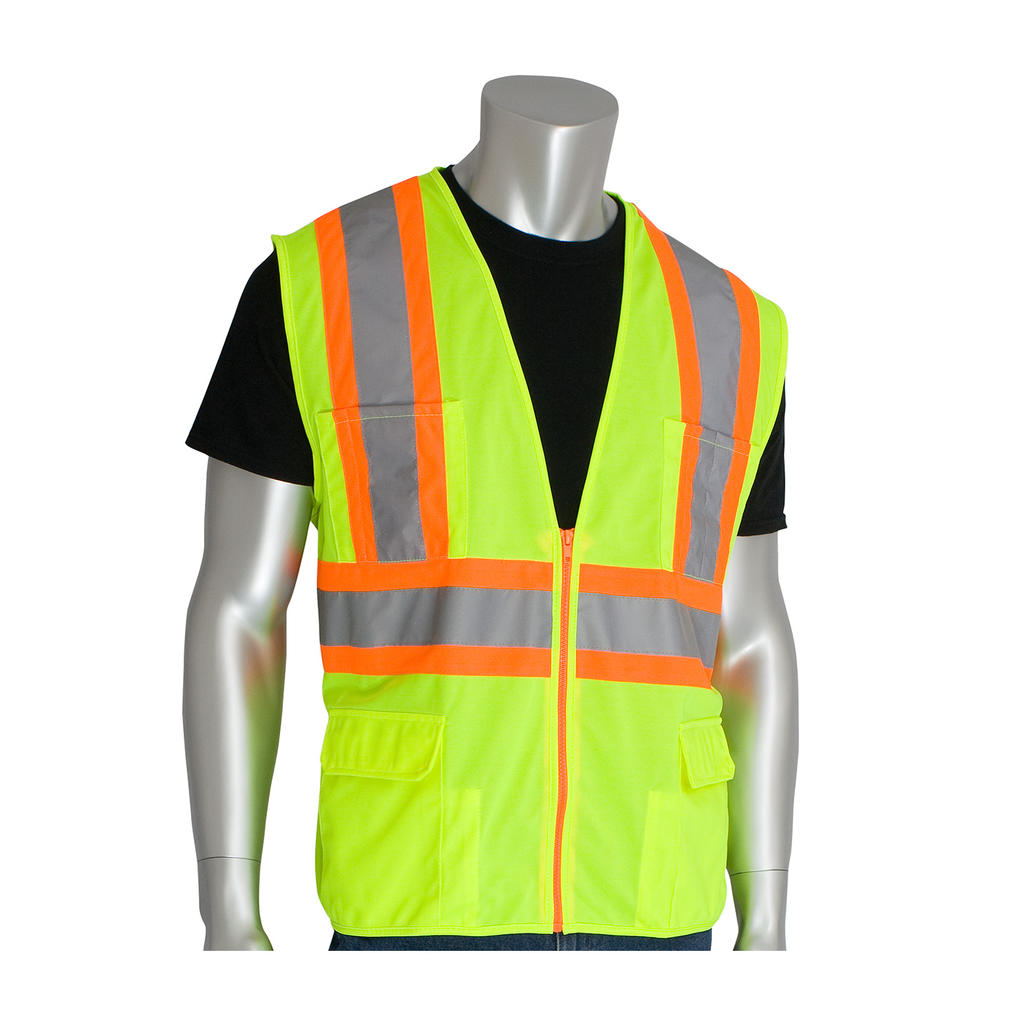 Product image for PIP 302-MAPLY-L ANSI Type R Class 2 Two-Tone Eleven Pocket Premium Solid Surveyors Vest - Hi-Vis Yellow, Large