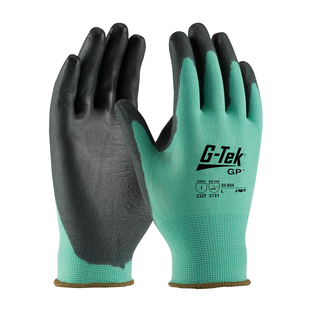 Product image for PIP 33-825/S G-TEK GP, GREEN 13G NYLON SHELL, BLACK PU COATED SMOOTH GRIP LIKELY SUBJECT TO TAX