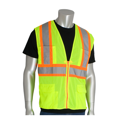 Product image for PIP 302-MAPMLY-XL CLASS 2 MESH VEST 12 POCKETS ZIPPER CLOSURE TWO TONE TAPE LY
