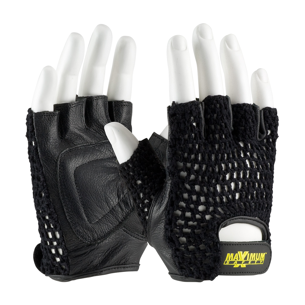 Product image for PIP 122-AV14/L MAXIMUM SAFETY LIFTING GLOVES WITH REINFORCED PADDED LEATHER PALMS, CROCHETED COTTON MESH BACK