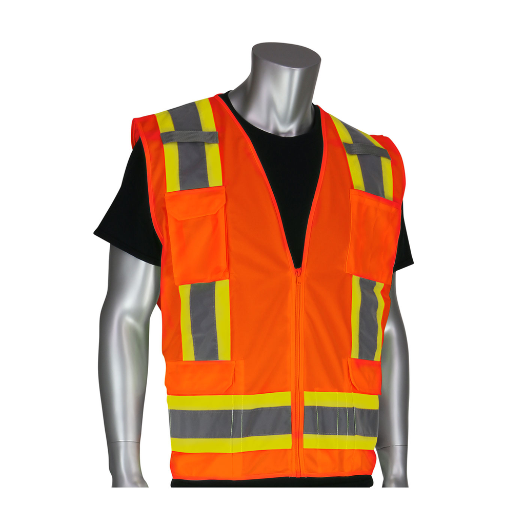 Product image for PIP 302-0500-ORG/L ANSI TYPE R CLASS 2 TWO-TONE ELEVEN POCKET SURVEYORS VEST WITH SOLID FRONT AND MESH BACK
