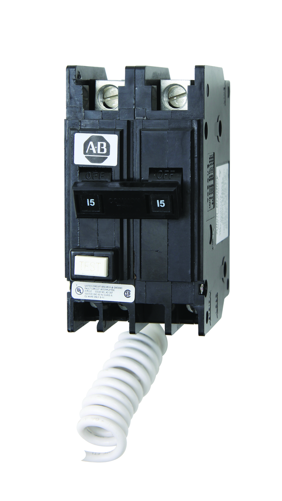 Product image for Allen Bradley 1492-MCGAT215 15A 2-Pole GFCI Breaker, 120/240VAC, 5mA Sensitivity