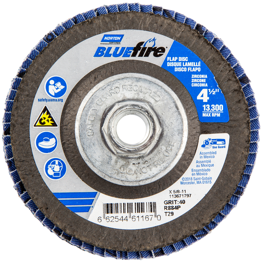4-1/2 x 5/8-11 In. BlueFire Fiberglass Conical Flap Disc T29 P40 Grit R860 ZA