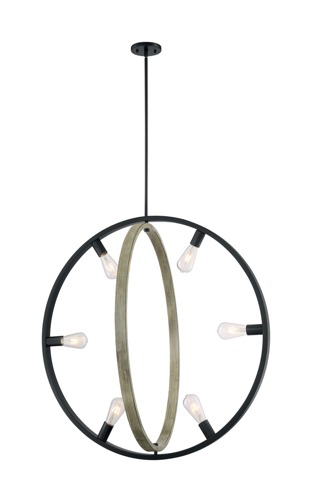 Augusta; 6 Light; Pendant Fixture; Black with Circular Gray Wood Finish
