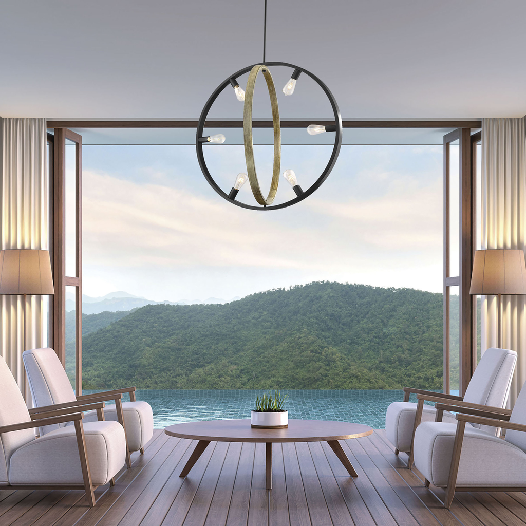 Augusta; 6 Light; Pendant Fixture; Black with Circular Gray Wood Finish