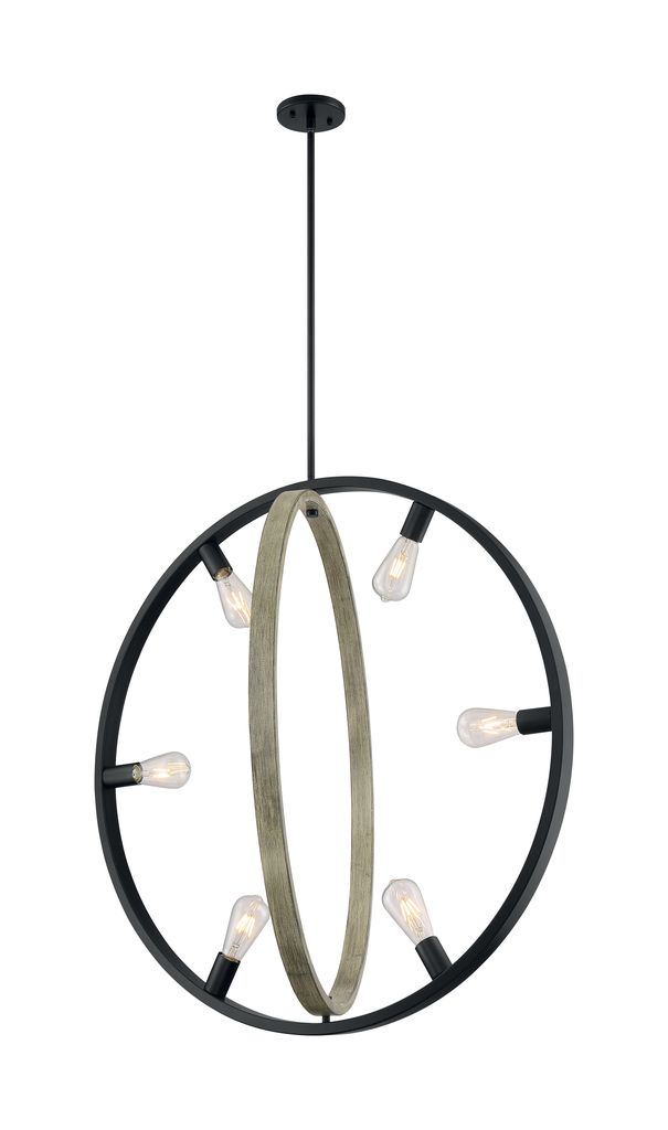 Augusta; 6 Light; Pendant Fixture; Black with Circular Gray Wood Finish