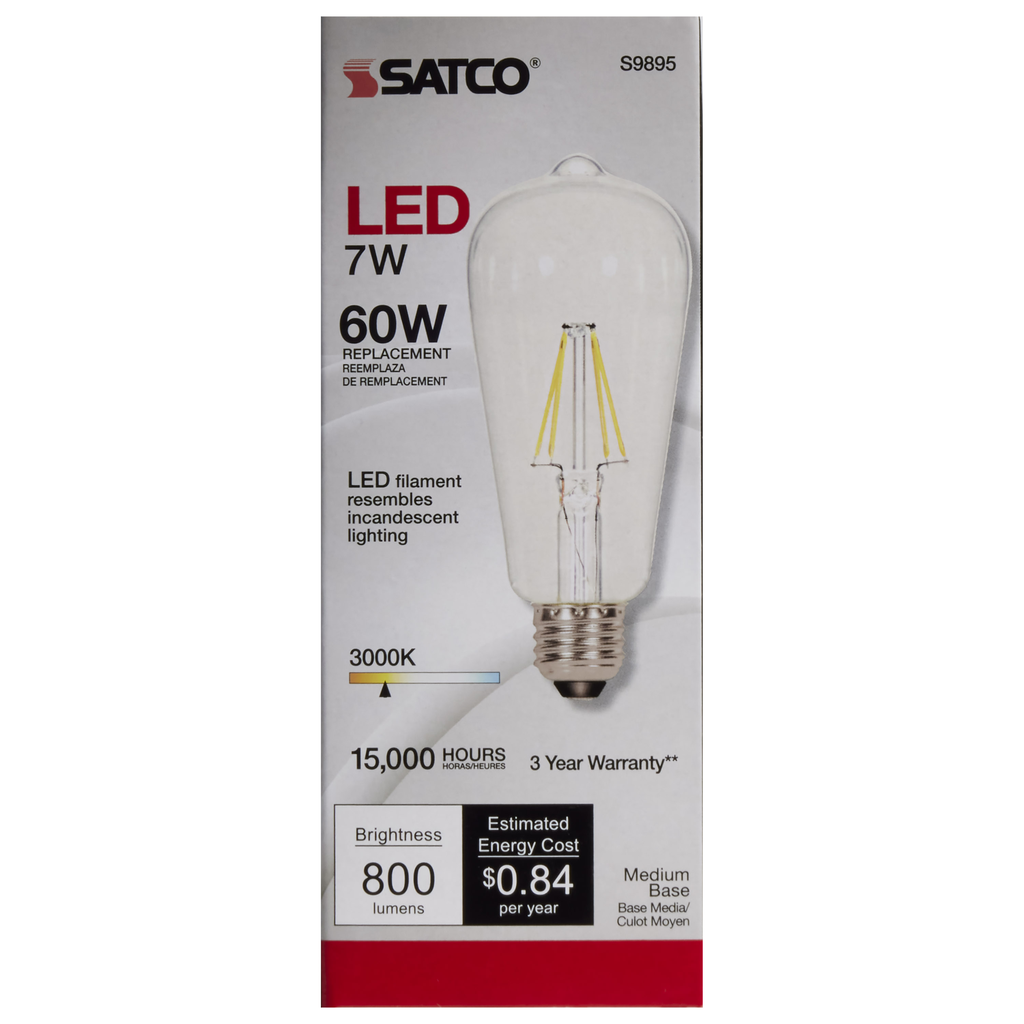 Satco S9895 7 Watt ST19 LED; Clear; Medium base; 3000K; 800 Lumens; 120