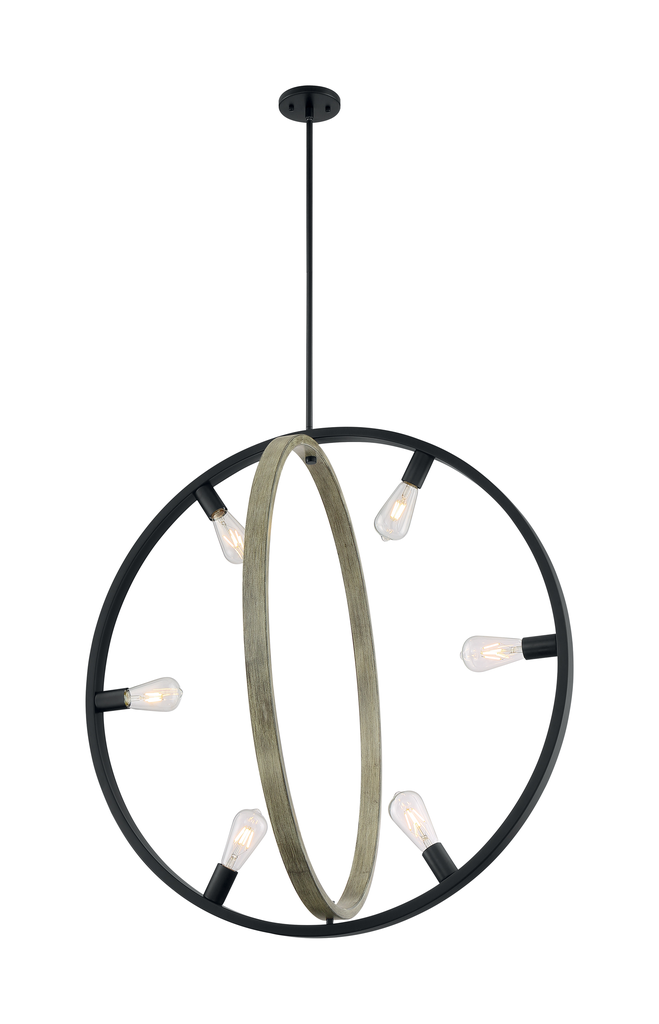 Augusta; 6 Light; Pendant Fixture; Black with Circular Gray Wood Finish