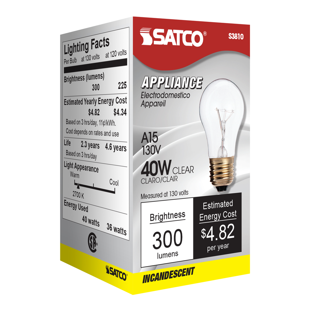 Satco S3810 40 Watt A15 Incandescent; Clear; Appliance Lamp; 2500